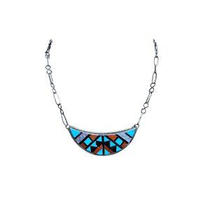Herbert Kallestewa Zuni Sterling Silver Geometric Inlay Necklace - Turquoise Cor